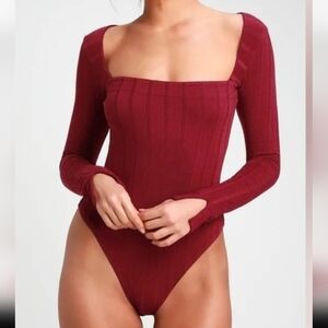 Free People Intimately Ling Sleeved Square Neck Ribbed Bodysuit In Red - Size L